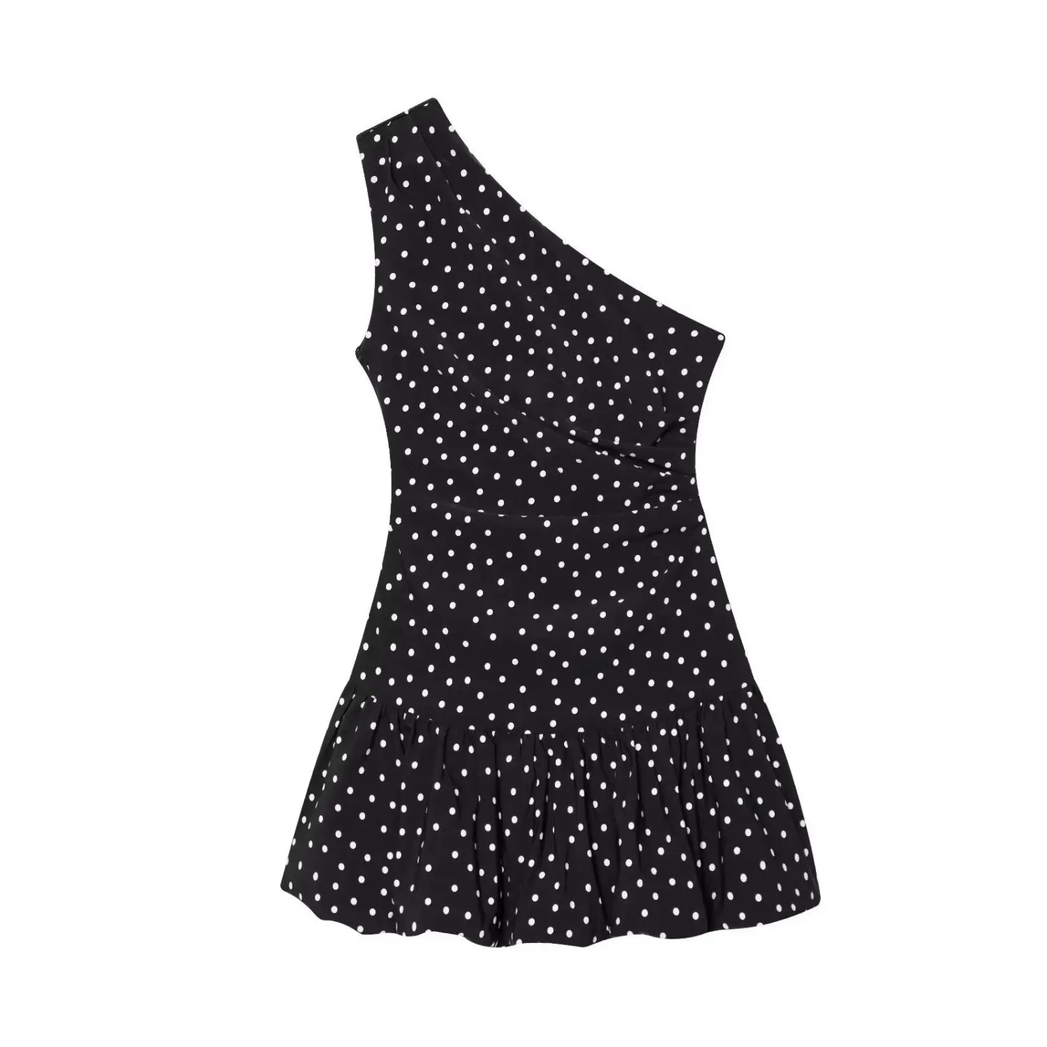 Flat lay front view black one shoulder mini dress with white polka dot print ruffle hem