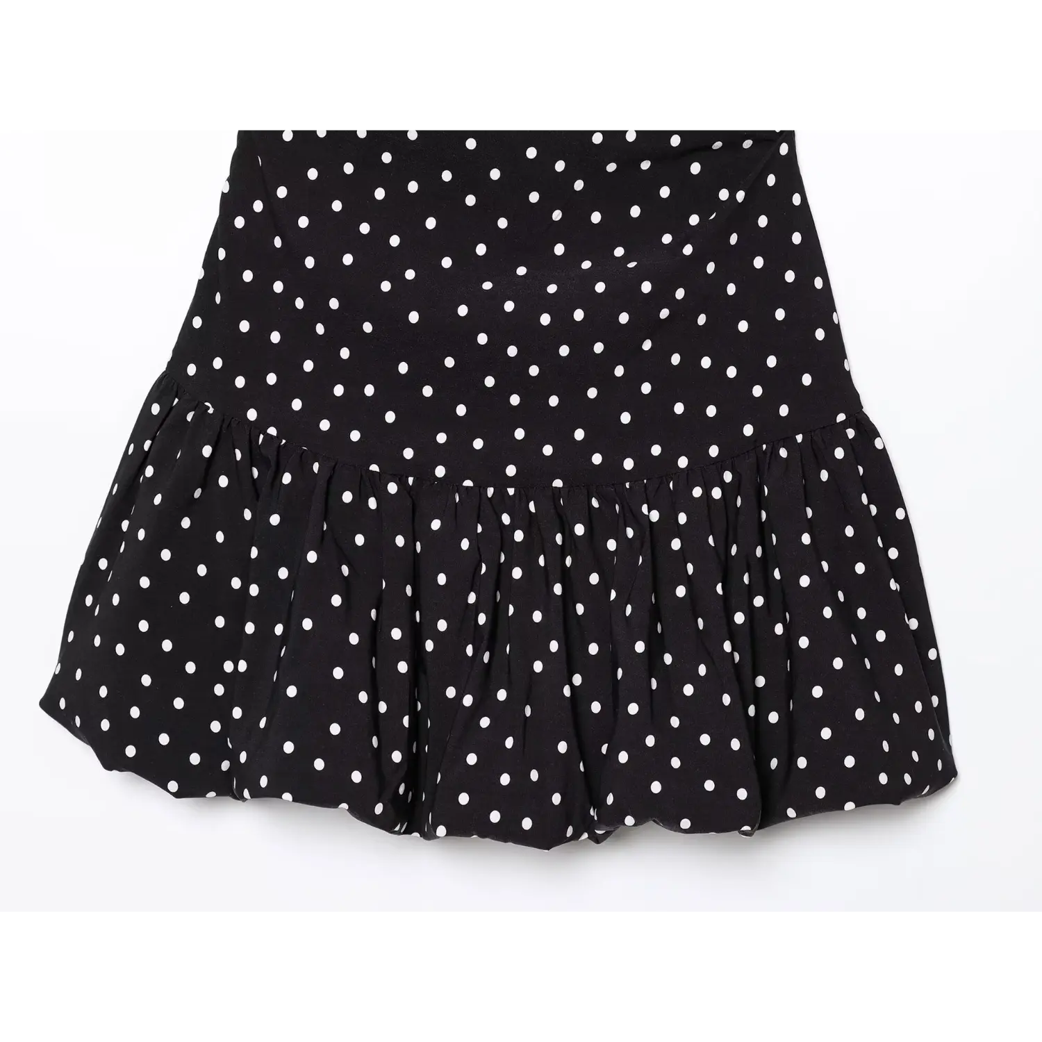 Flat view ruffle hem skirt section black one shoulder polka dot mini dress