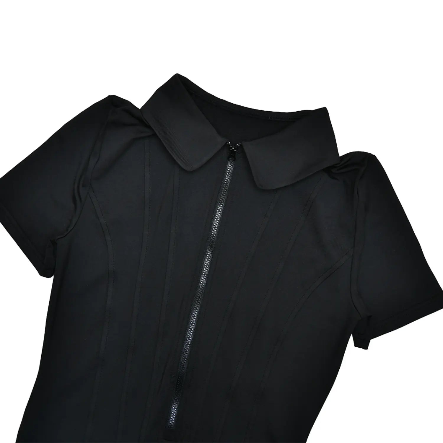 Flat lay front close‑up black polo collar half‑zip short sleeve dress neckline and zipper detail