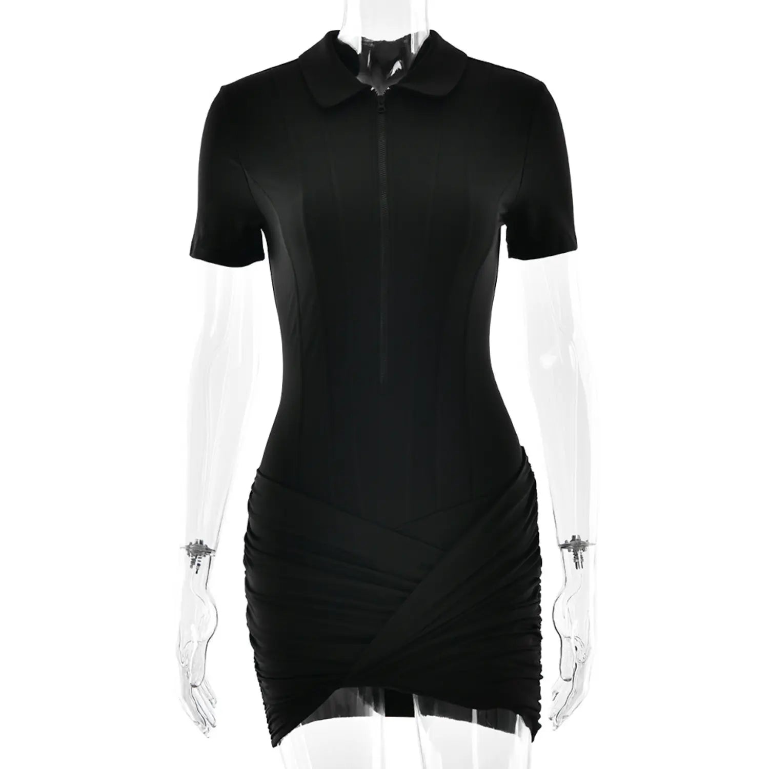 Clear mannequin front view black polo collar half zip short sleeve ruched wrap mini dress