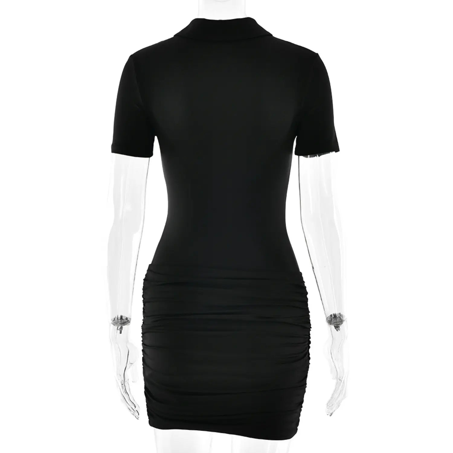 Clear mannequin back view black polo neck half‑zip short sleeve ruched wrap mini dress