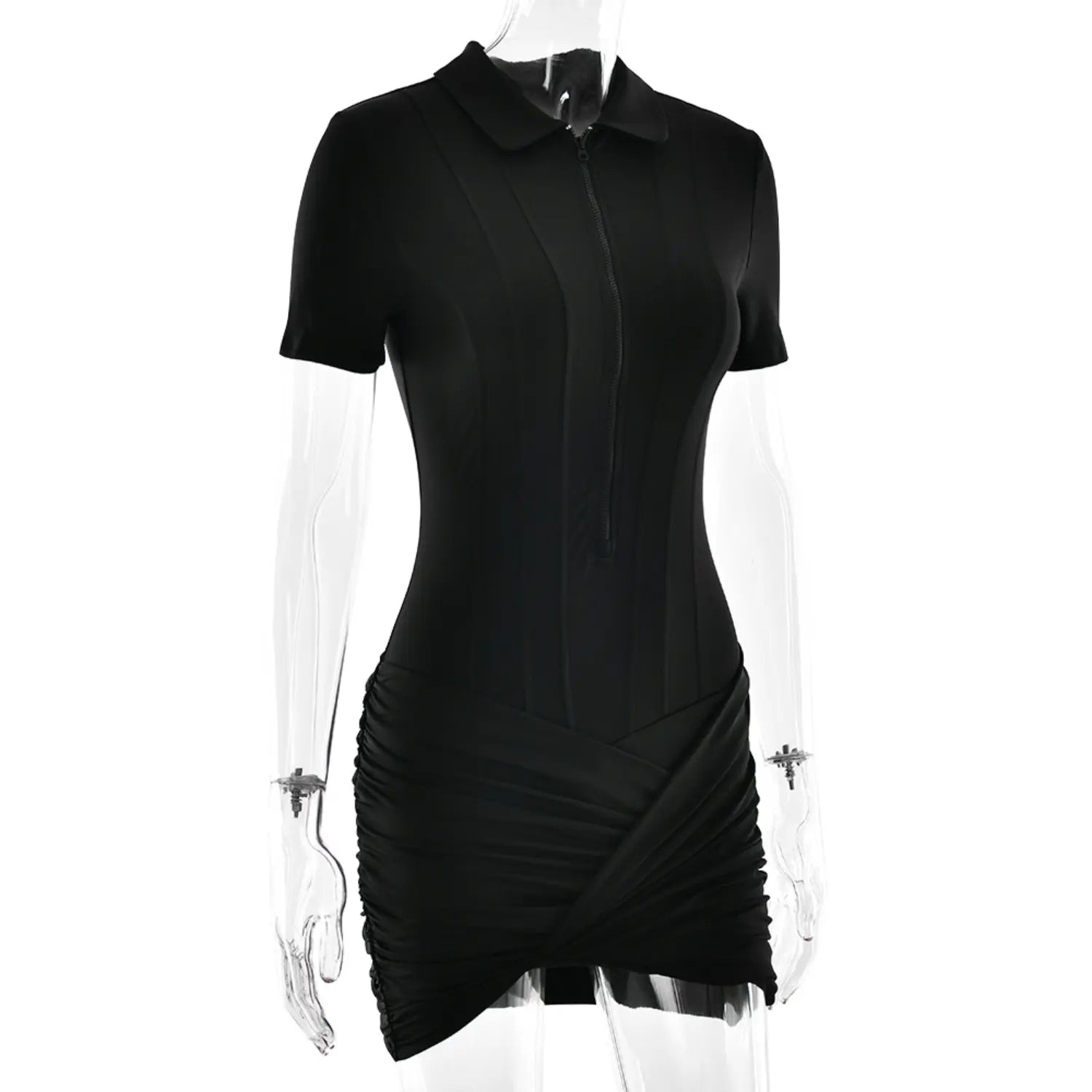 Clear mannequin side view black polo collar half‑zip short sleeve bodycon ruched wrap mini dress