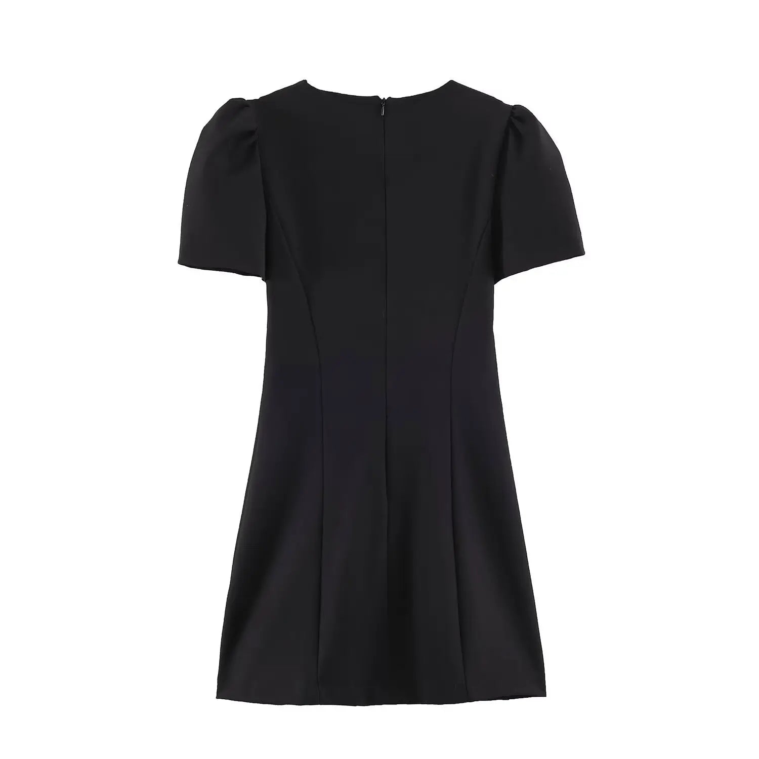 Flat lay back view of black short sleeve mini dress with invisible center back zipper, plain white background