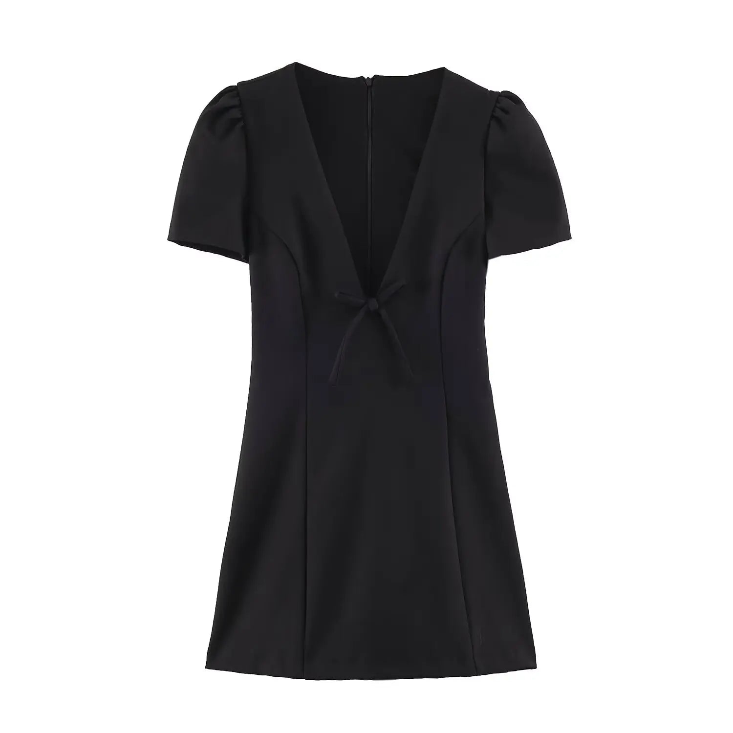 Flat lay front view of black mini dress, deep V neck, front bow, puff short sleeves, white background