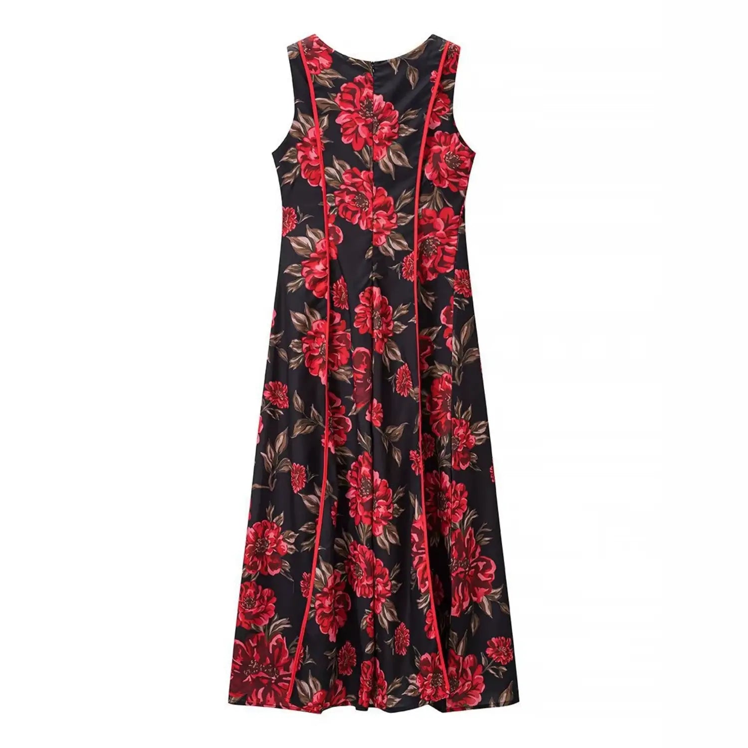 Complete dress back flat shot, matching red peony print, vertical red piping seams, center back invisible zipper
