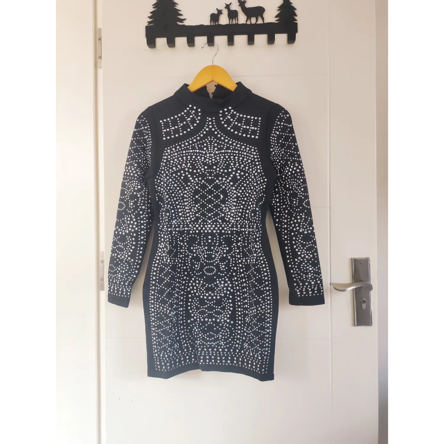 Full hanging front view, stand collar black long sleeve rhinestone bodycon mini dress