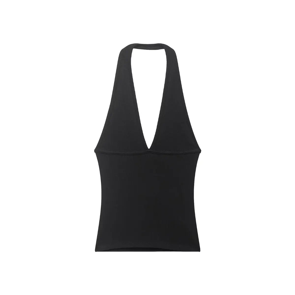 Front view of classic black ribbed halter top, deep V neckline and stretchy fabric for trendy women outfit.