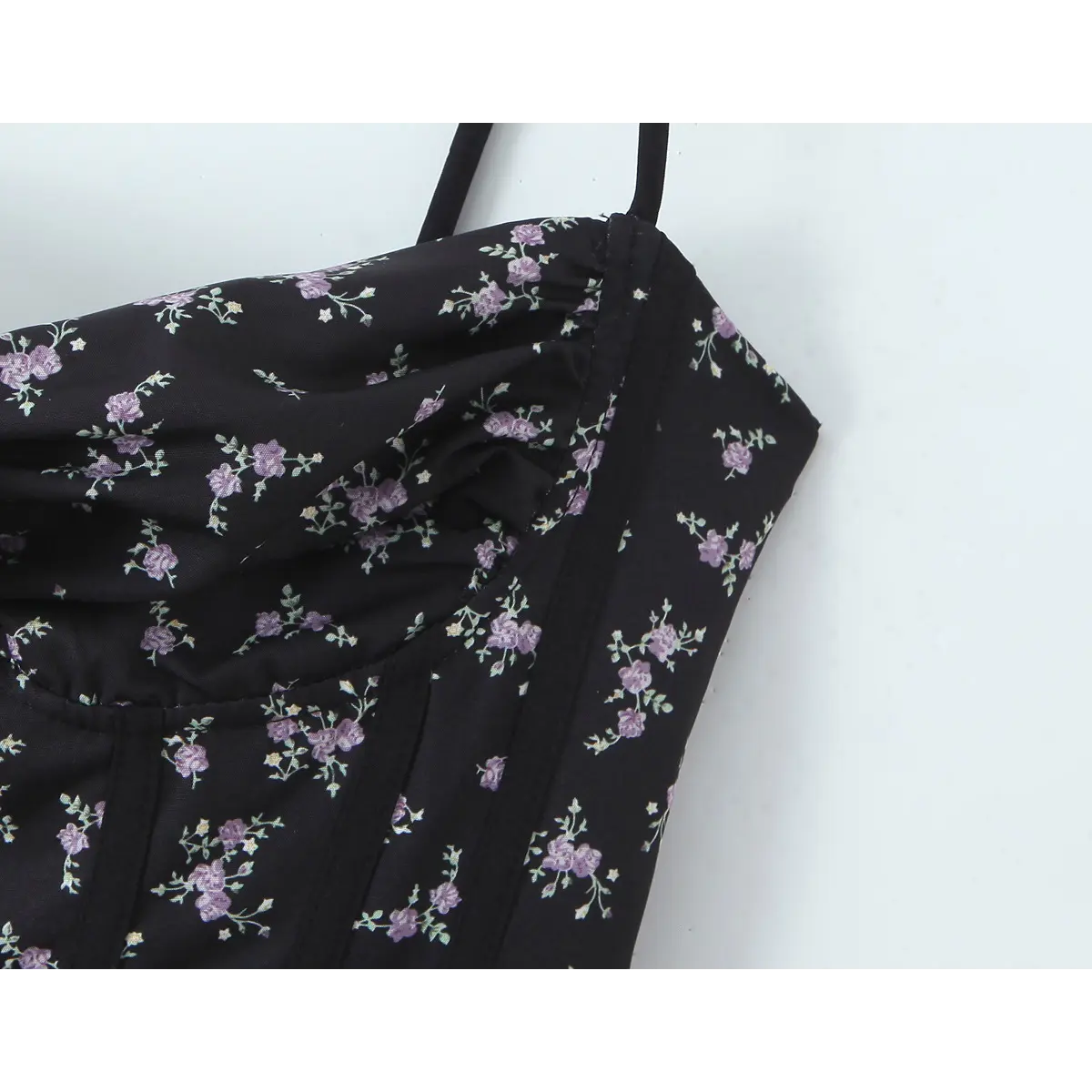 Model lifestyle shot of rose print corset sundress