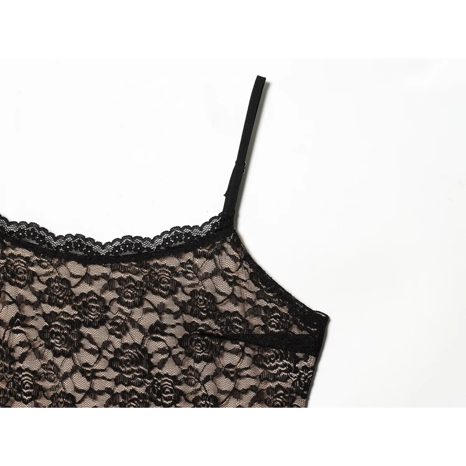 Close‑up adjustable spaghetti strap and scalloped lace neckline detail black rose lace maxi dress