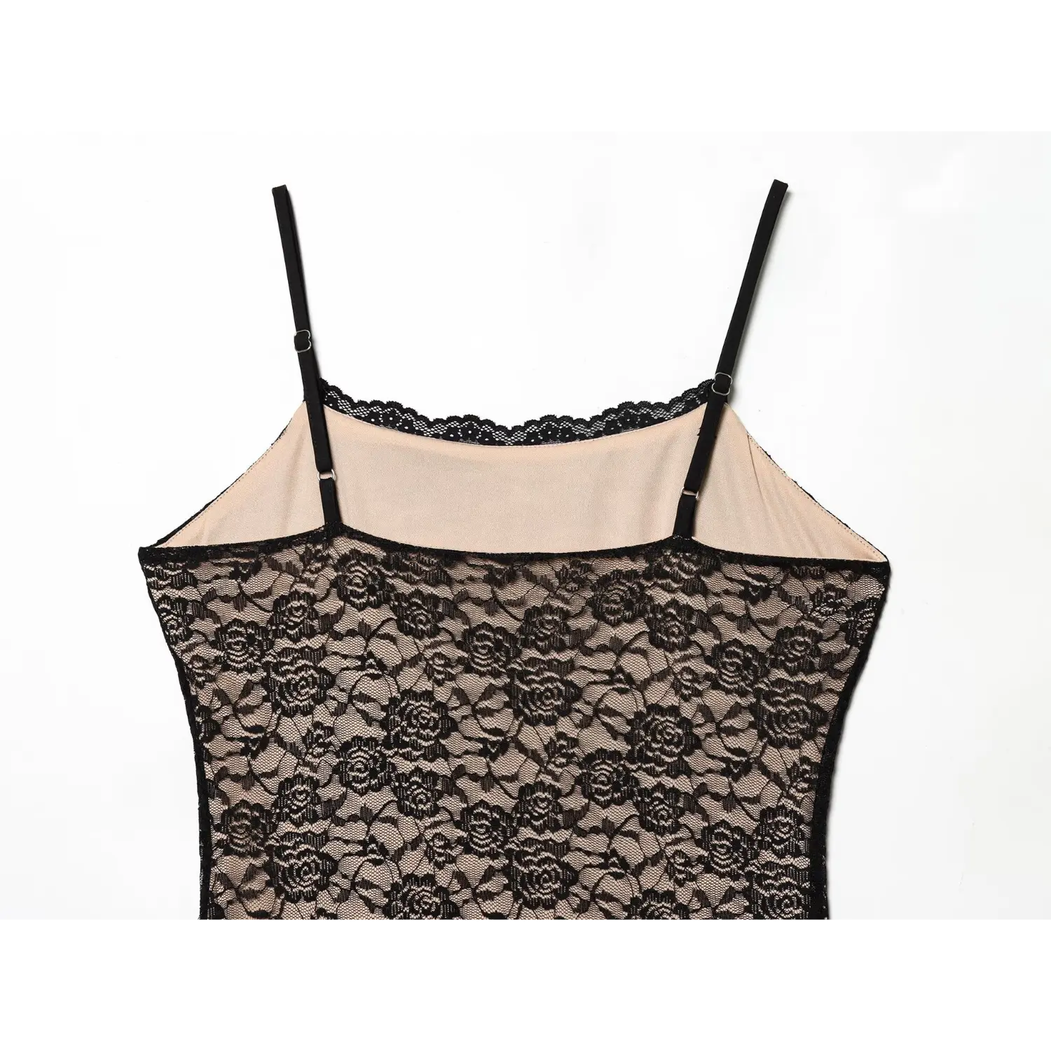 Close‑up back bodice black rose lace cami maxi dress showing nude lining and adjustable straps