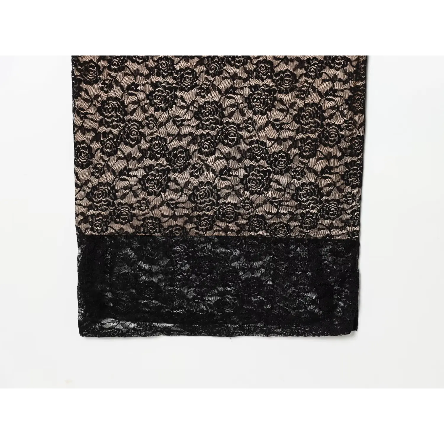 Flat lay skirt hem detail black rose lace cami maxi dress with double‑layer lace hem