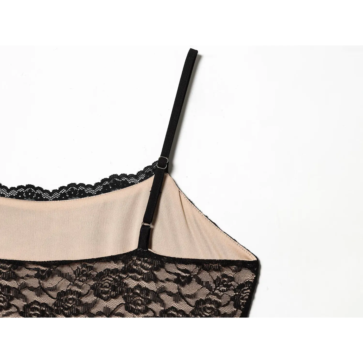 Close‑up metal adjuster buckle detail on spaghetti strap black rose lace cami maxi dress