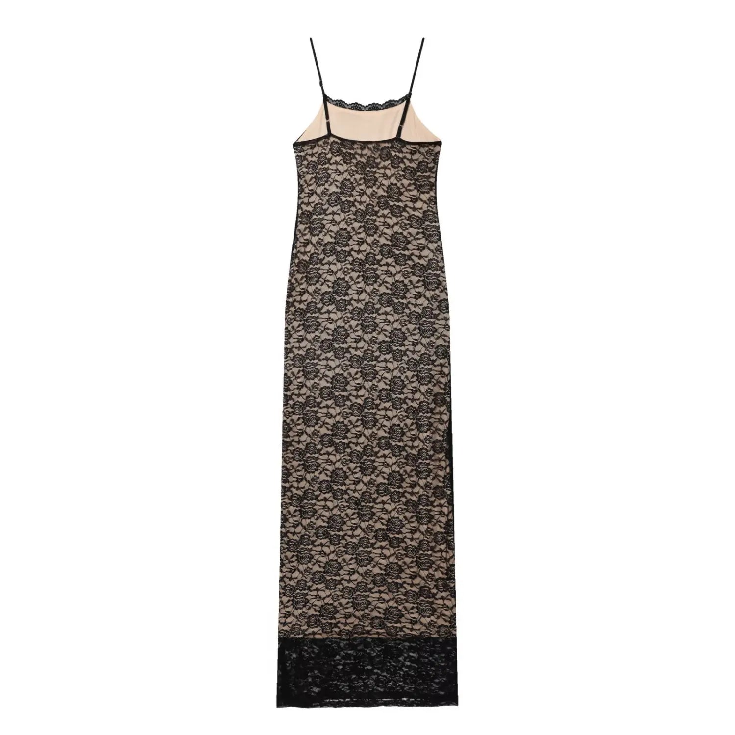 Flat lay back view black rose lace cami maxi dress with adjustable spaghetti straps