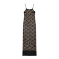 Flat lay front view black rose lace cami maxi dress with nude inner lining against white background