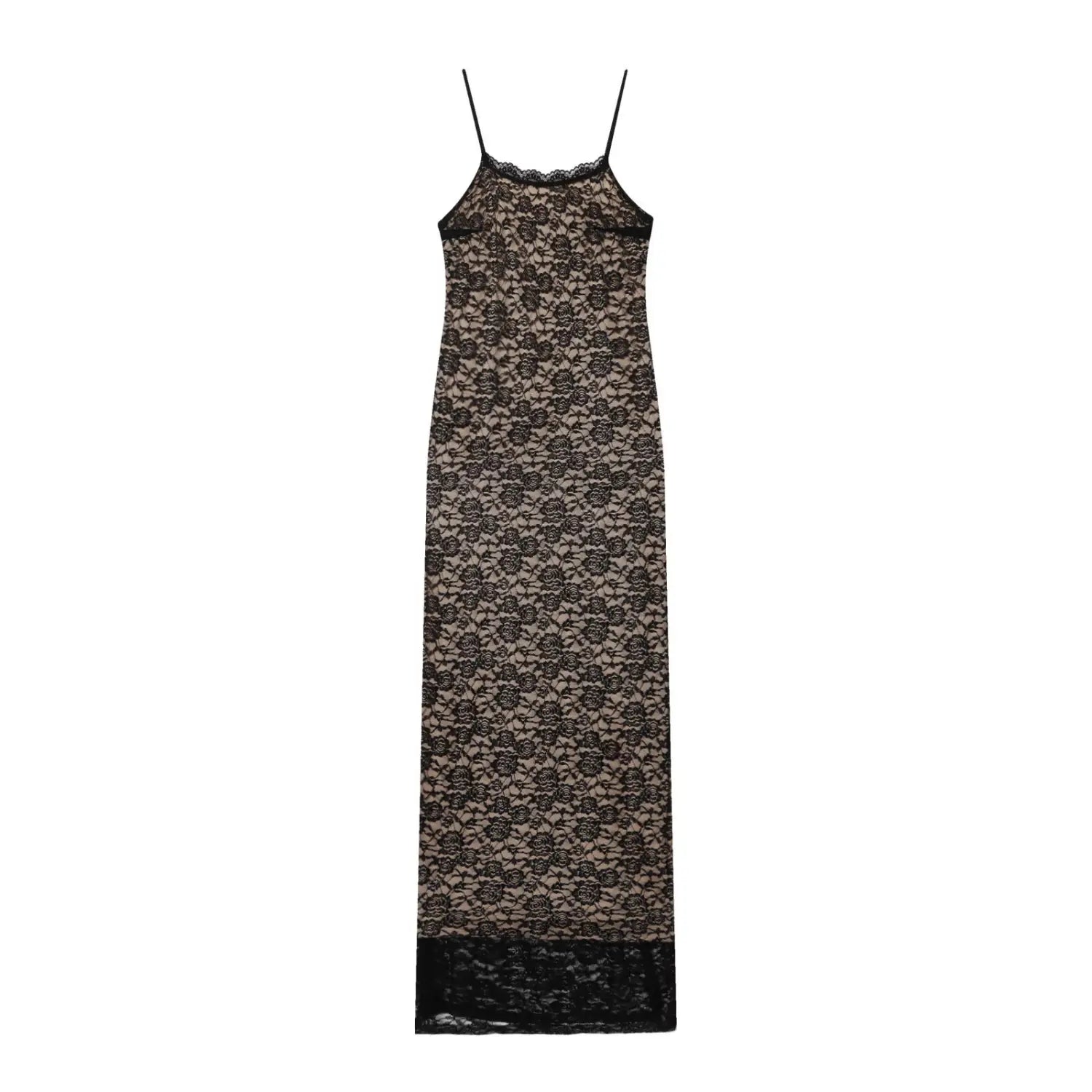 Flat lay front view black rose lace cami maxi dress with nude inner lining against white background
