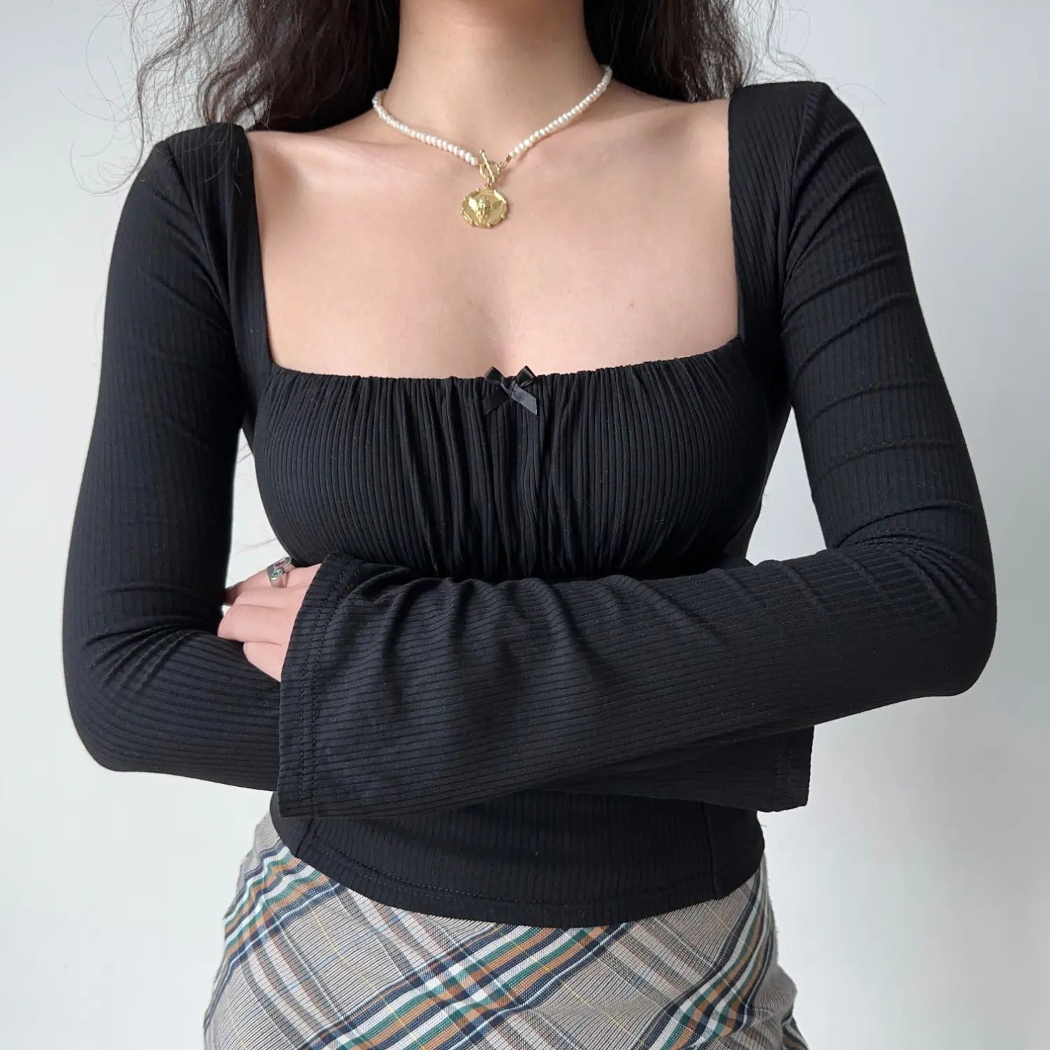 Stretch ribbed black square neck crop top, front ruched bust flare long sleeve bodycon women basic long sleeve tee