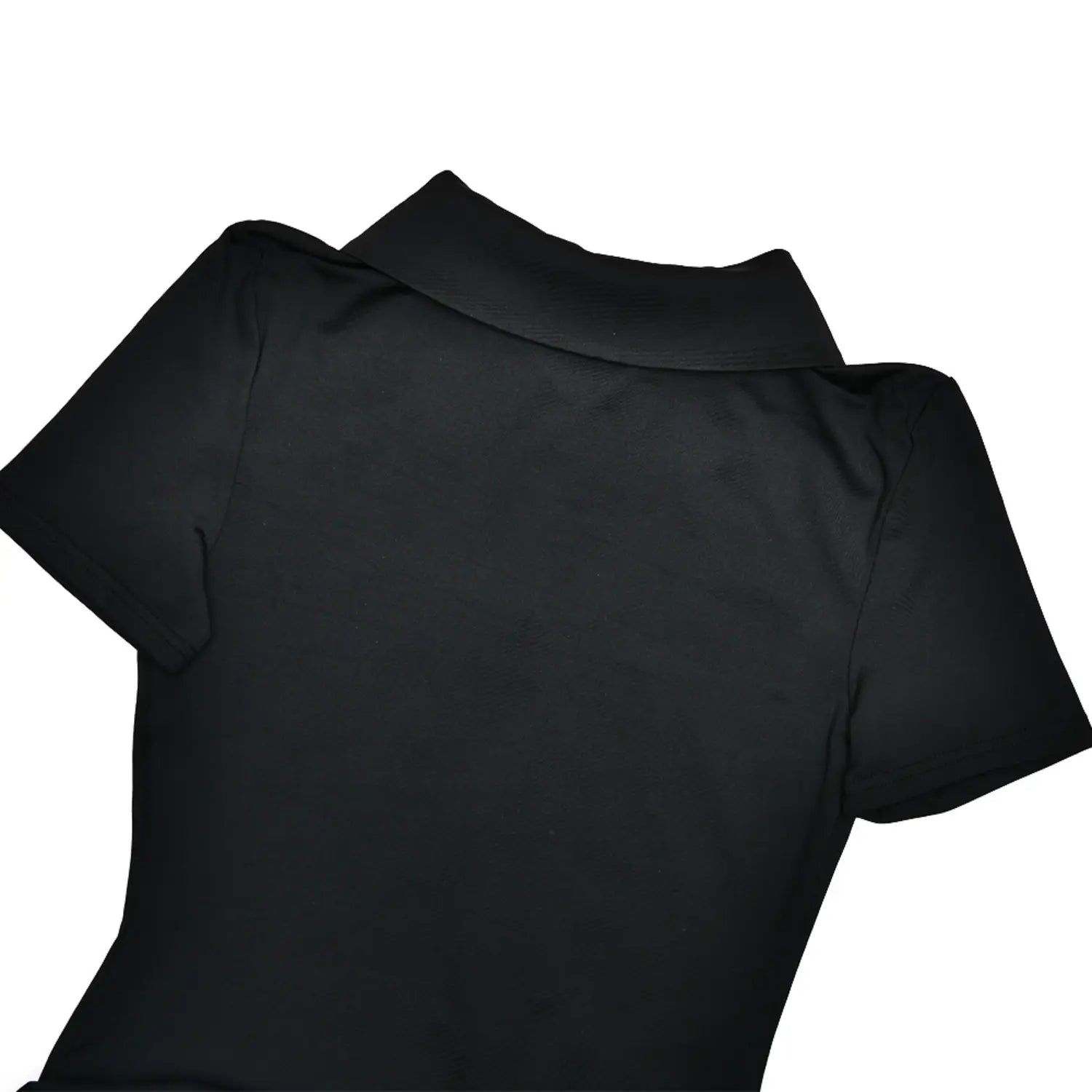Close‑up detail ruched fabric texture and side gather on black wrap mini skirt section
