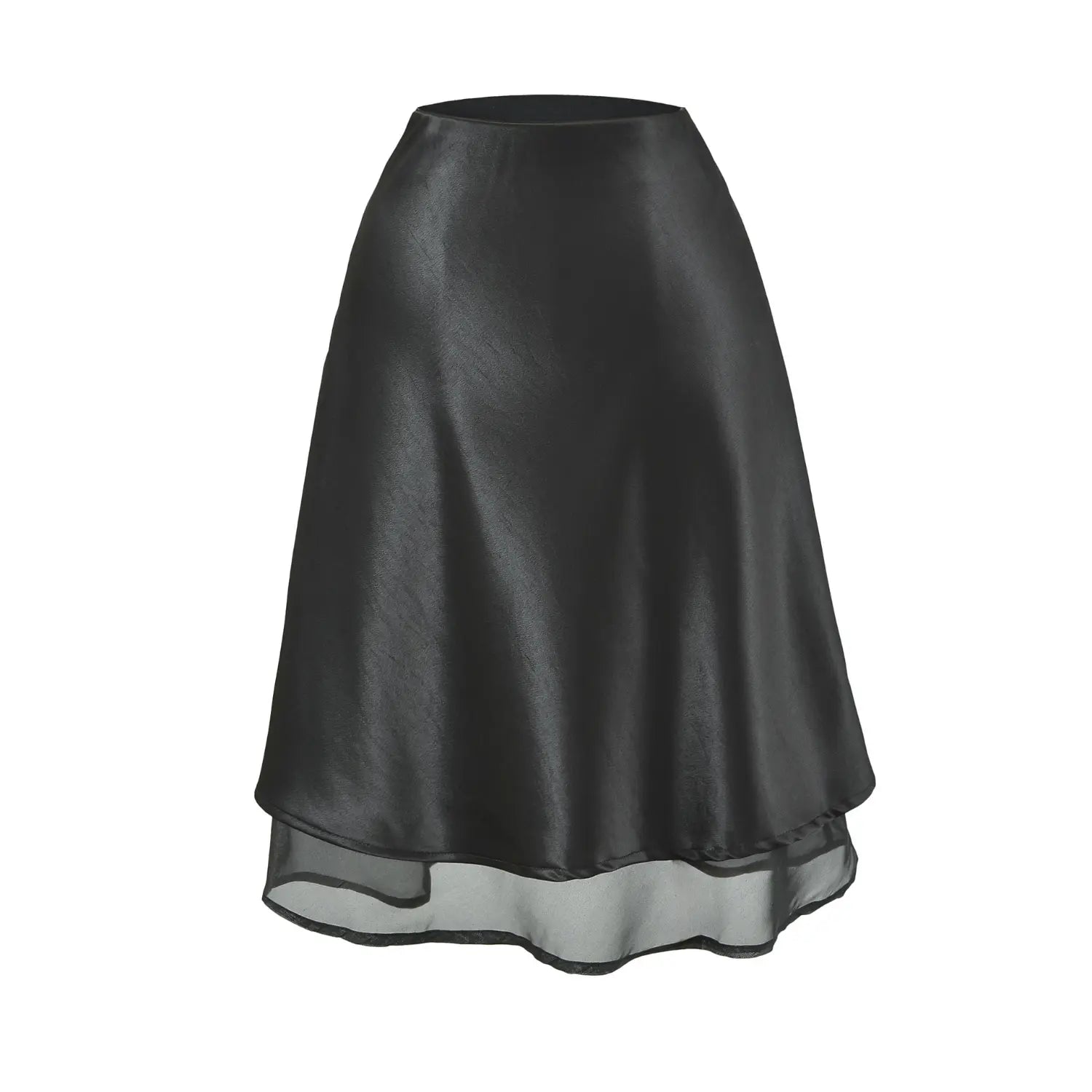 Solid black two-layer satin mini skirt single white flat shot, matte soft glossy satin, sheer staggered mesh under hem minimalist high waist solid swing skirt shot