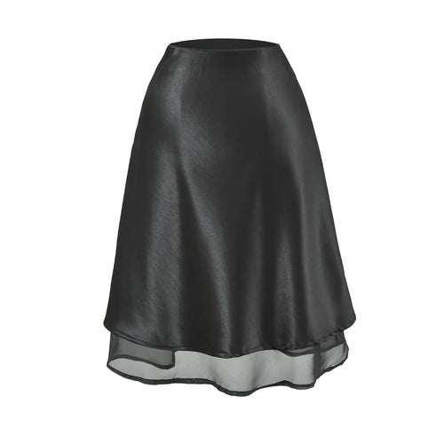 Solid black two-layer satin mini skirt single white flat shot, matte soft glossy satin, sheer staggered mesh under hem minimalist high waist solid swing skirt shot