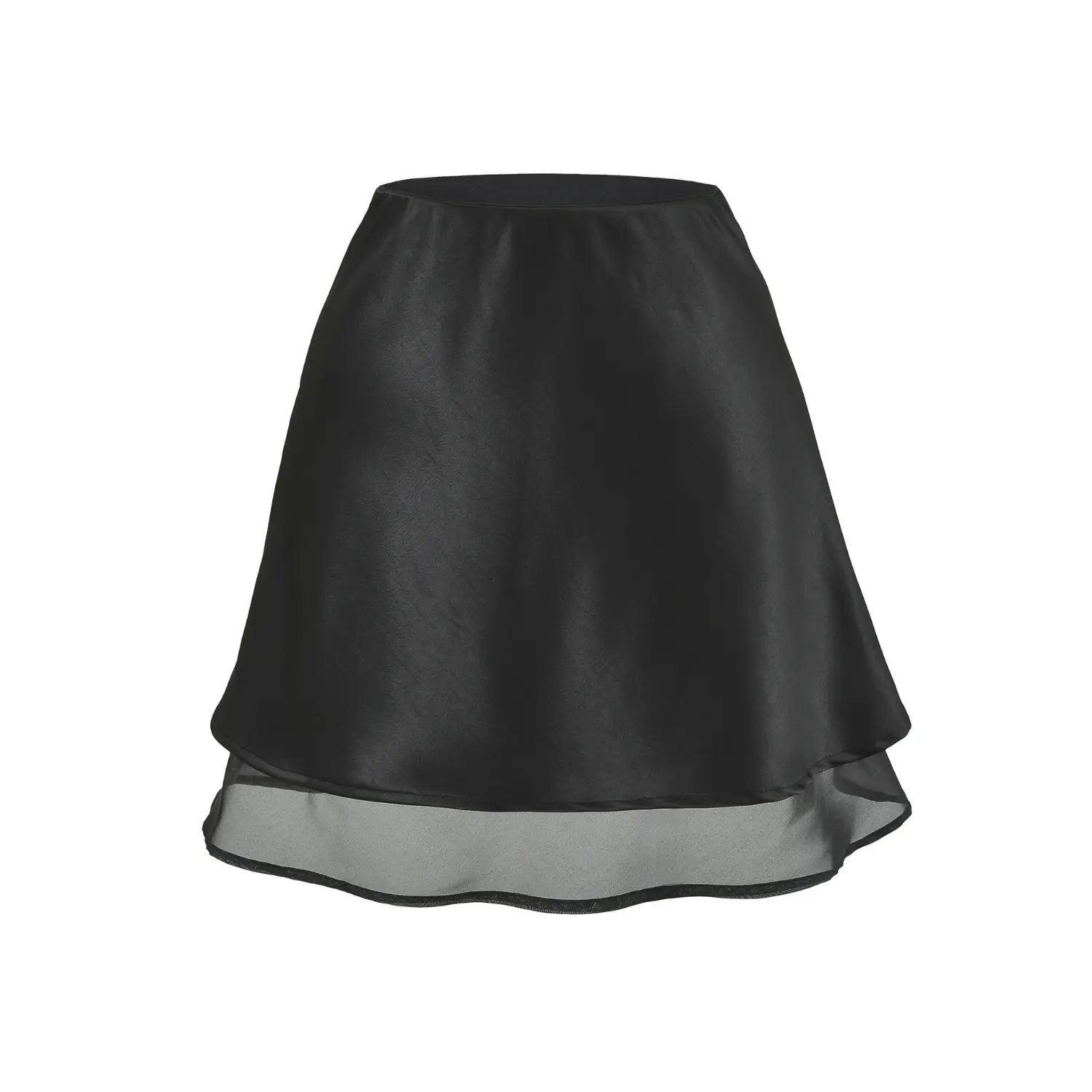 Black layered satin mini skirt white flat single shot, high waist elastic waistband glossy satin top layer sheer mesh underlayer wavy A-line swing hem solid skirt