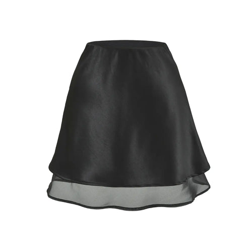 Black layered satin mini skirt white flat single shot, high waist elastic waistband glossy satin top layer sheer mesh underlayer wavy A-line swing hem solid skirt
