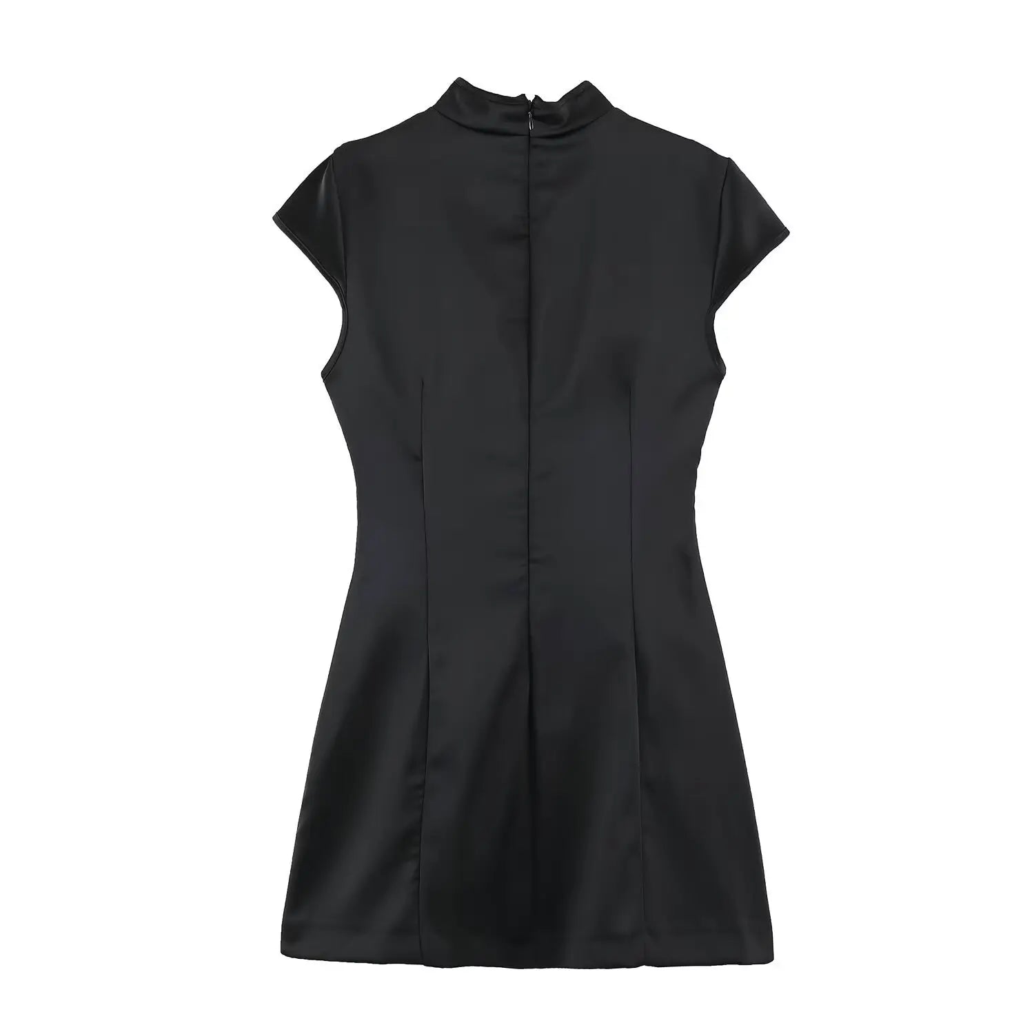 Black dress full back flat view, vertical hidden zipper at center back, seamless shaping seams