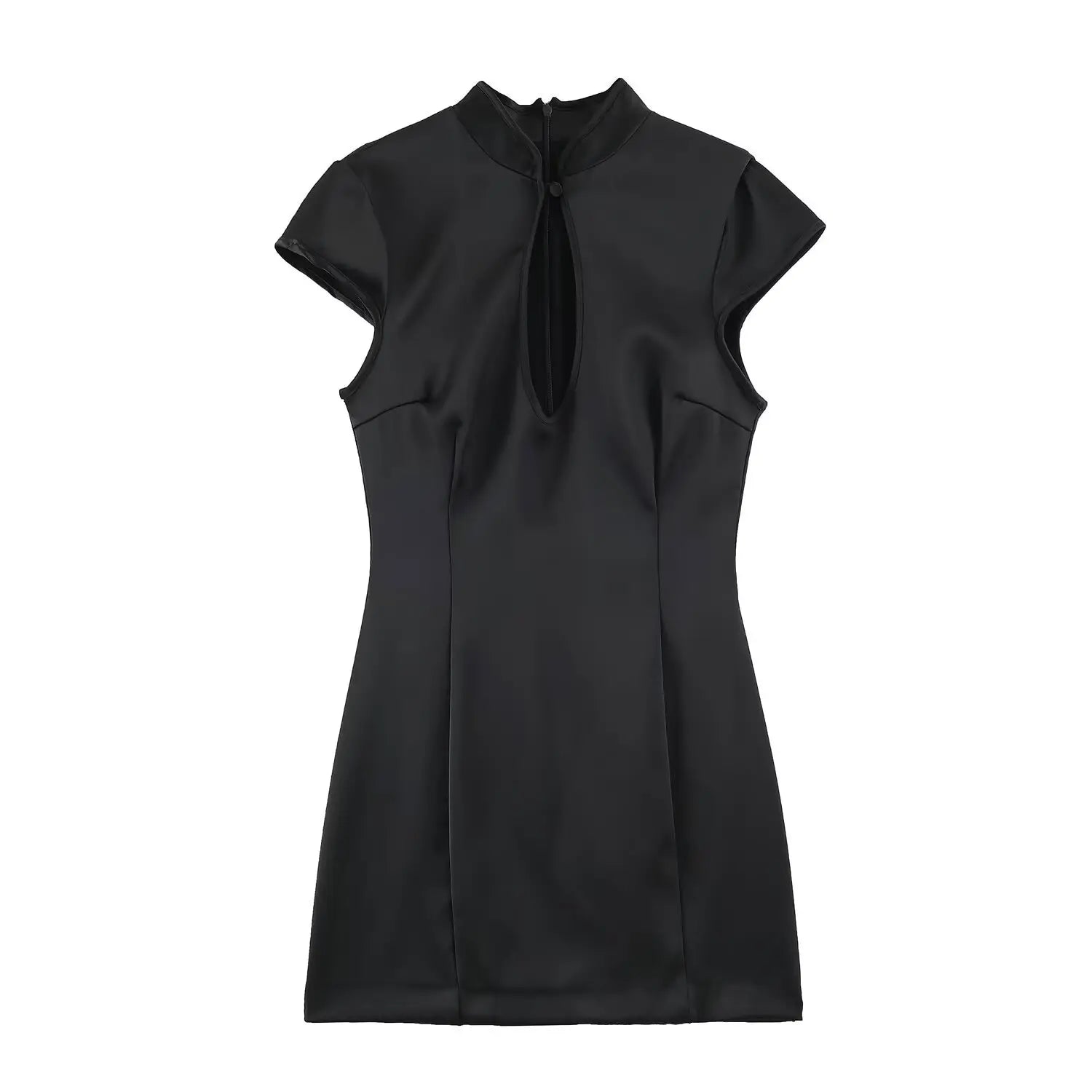 Black satin qipao full front flat lay, stand collar hollow chest detail, slim fit mini length