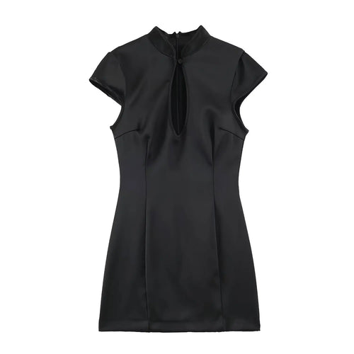Black satin qipao full front flat lay, stand collar hollow chest detail, slim fit mini length