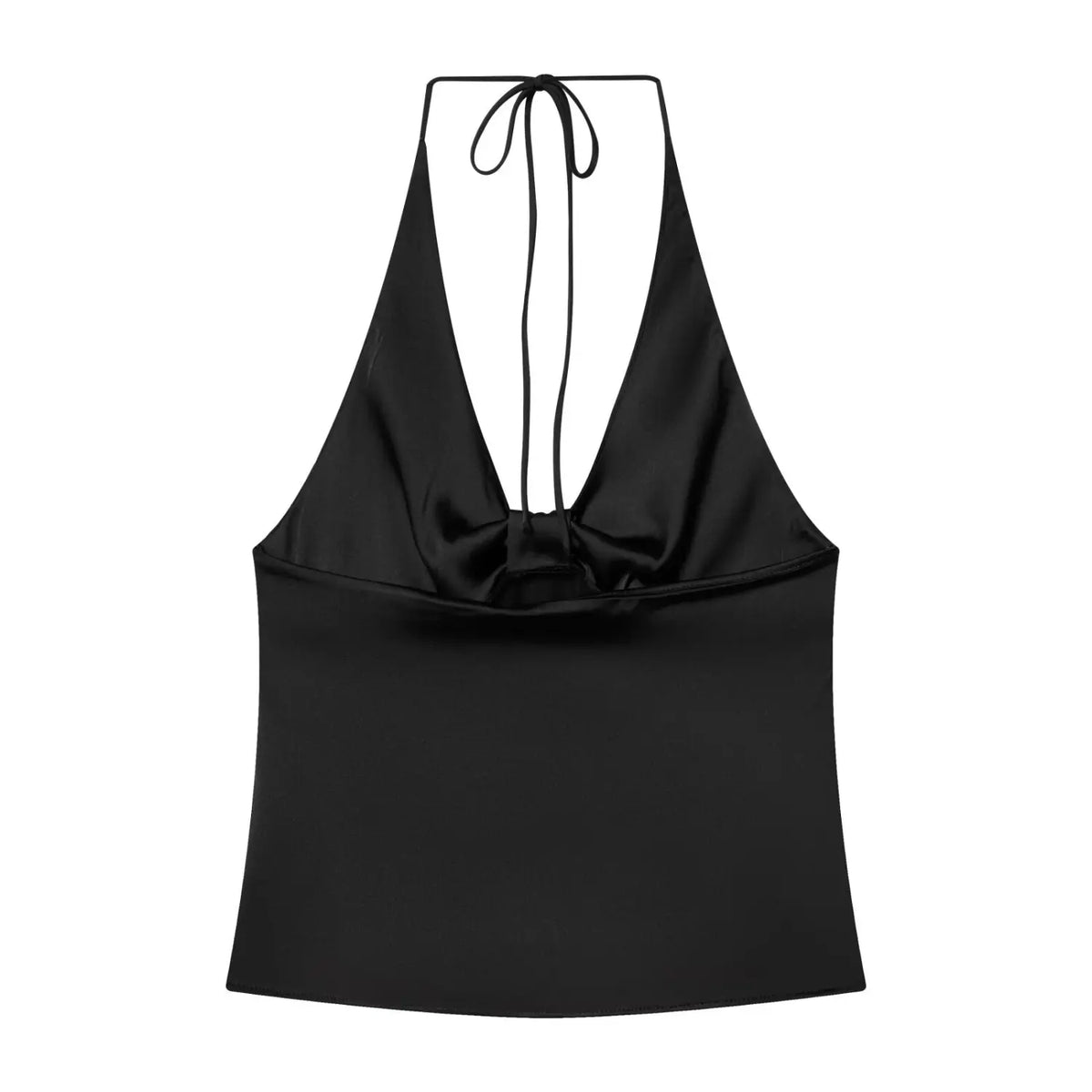 Black satin twist halter top, back flat lay