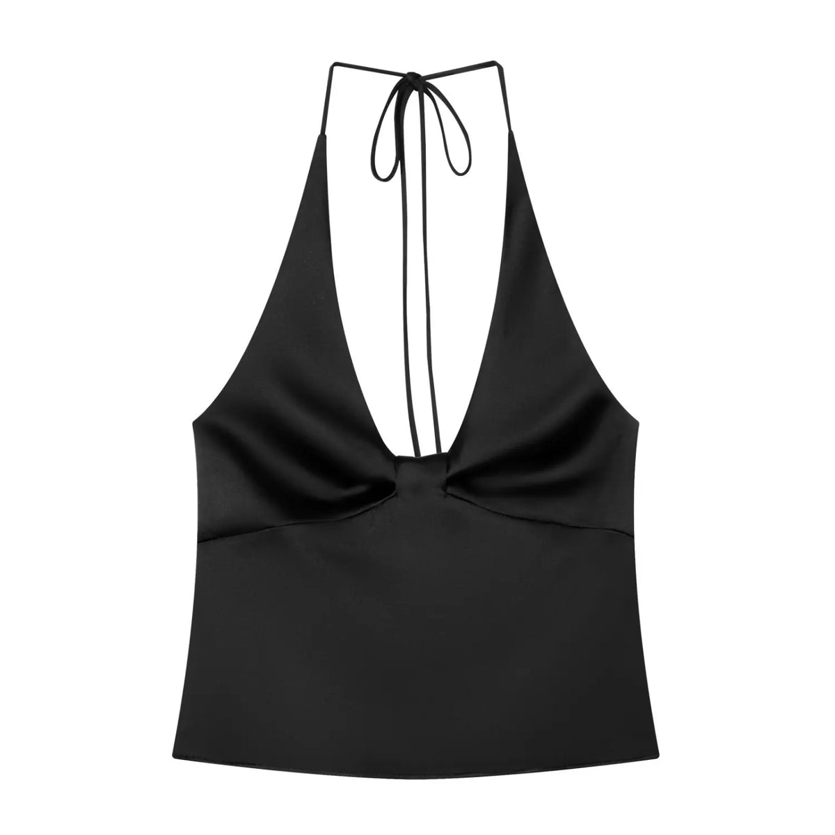 Black satin twist halter top, front flat lay