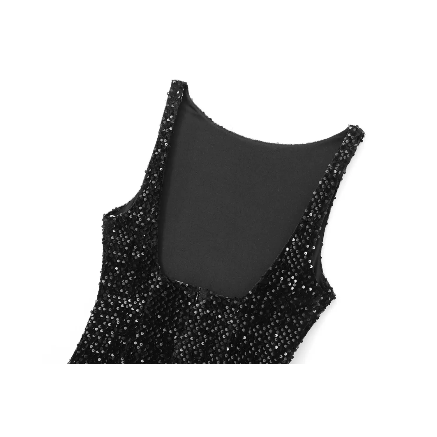 Close-up of the back zipper and low-cut neckline on black sequin party dress