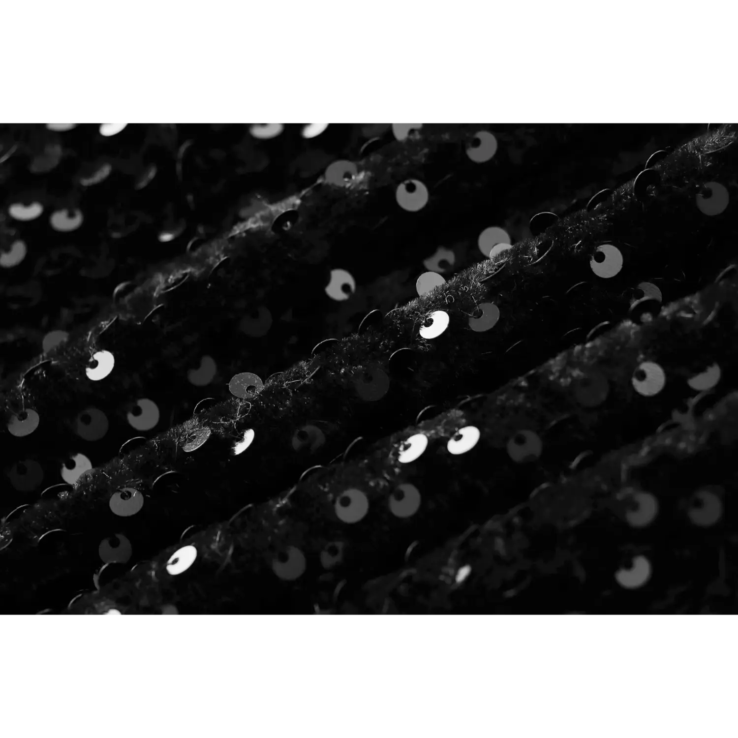 Macro shot of the sequin-embellished fabric texture on black party dress