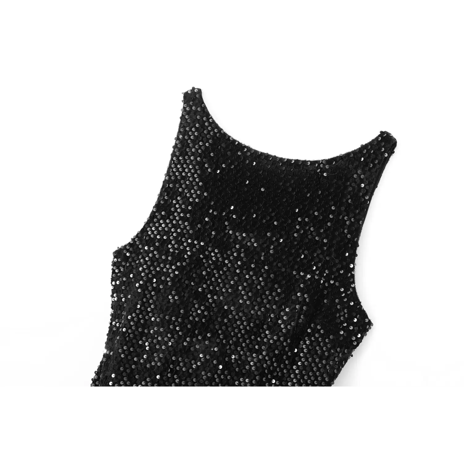 Partial view of the neckline and shoulder strap on black sequin party dress