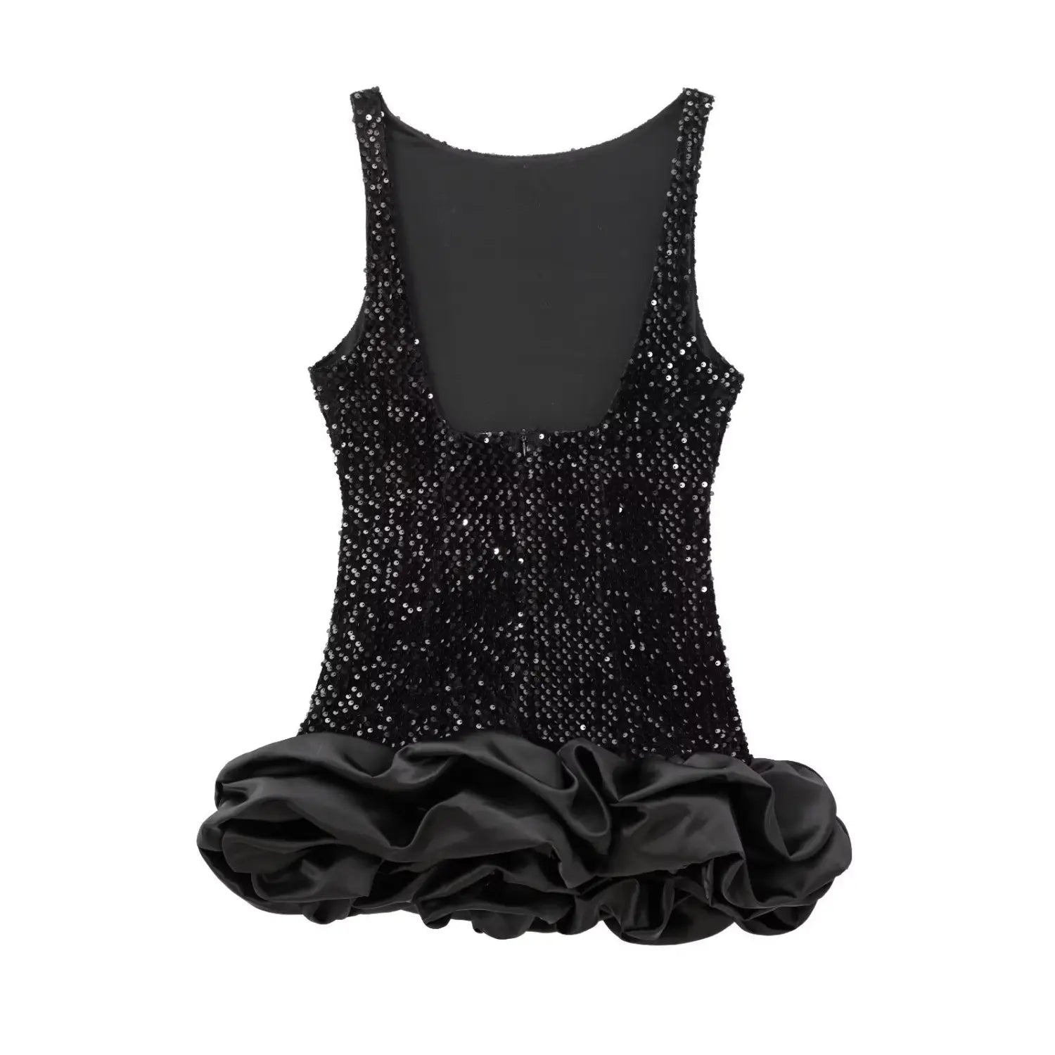Full back view on white background of black sequin party dress with ruffled hem
