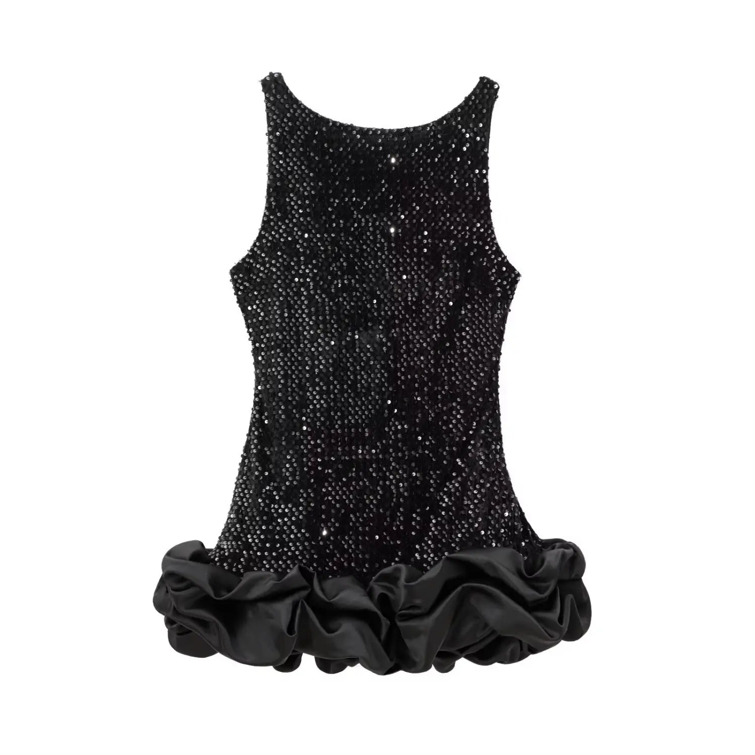 Full front view on white background of black sequin party dress with ruffled hem