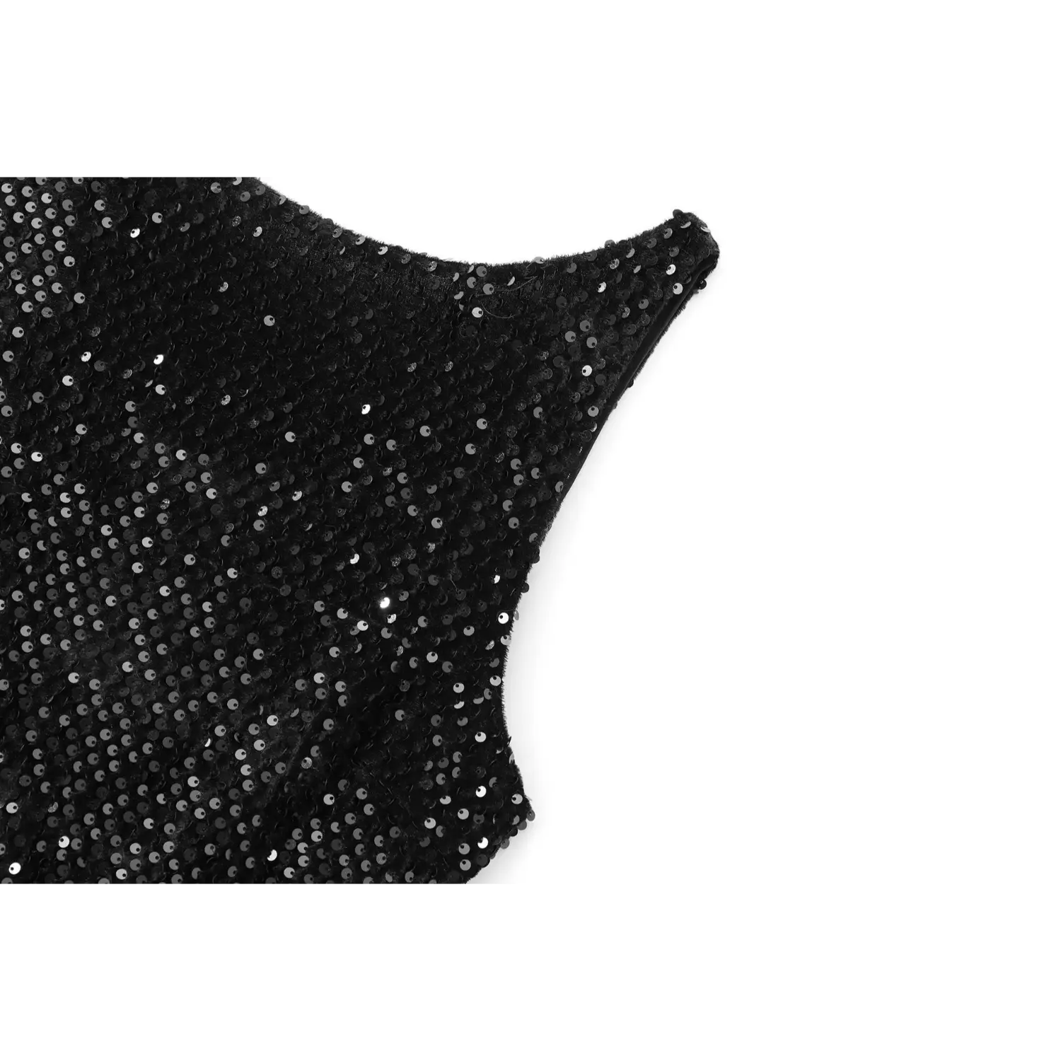 Partial view of the shoulder strap and round neckline on black sequin party dress