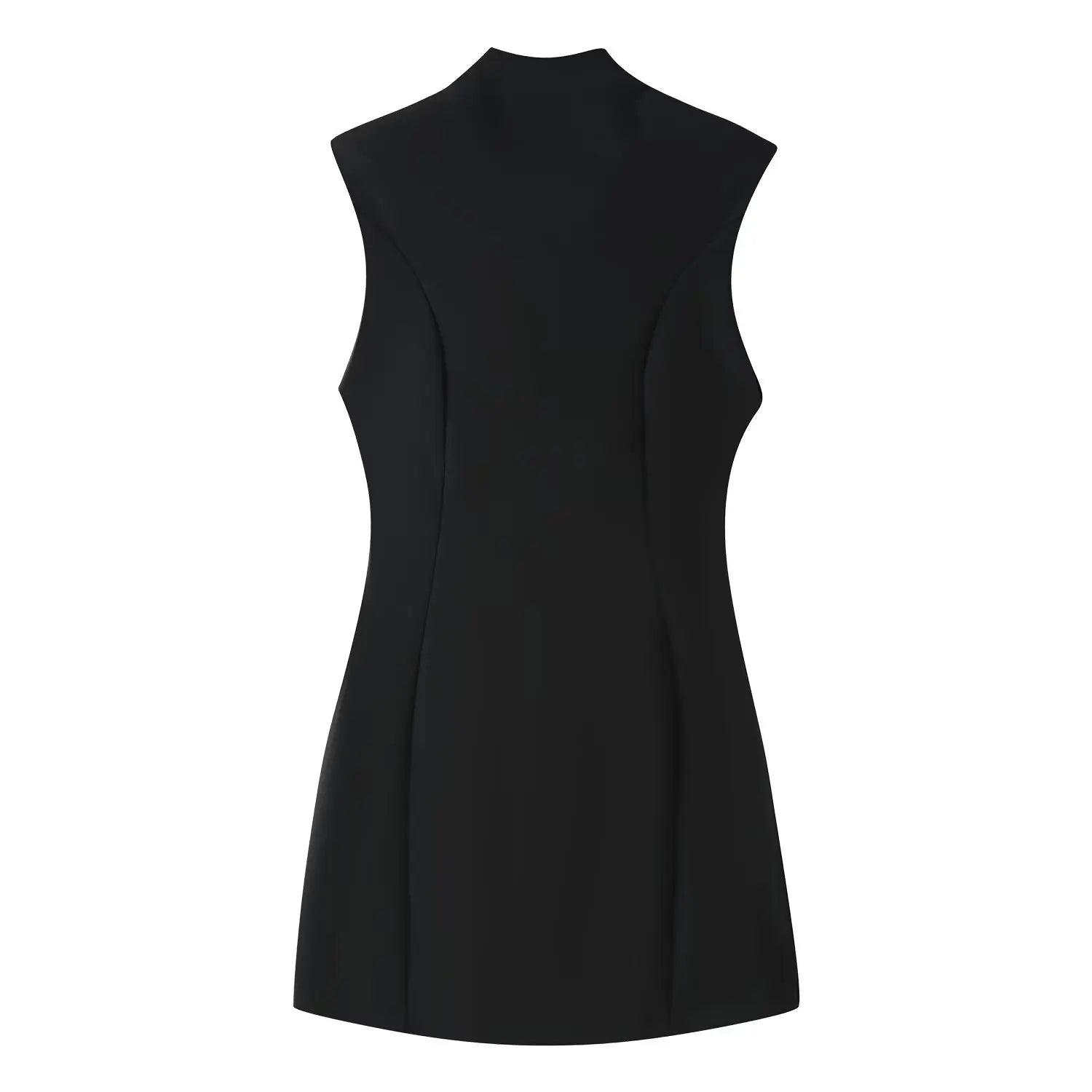 Back view of tailored black sleeveless mini dress with contour seam lines