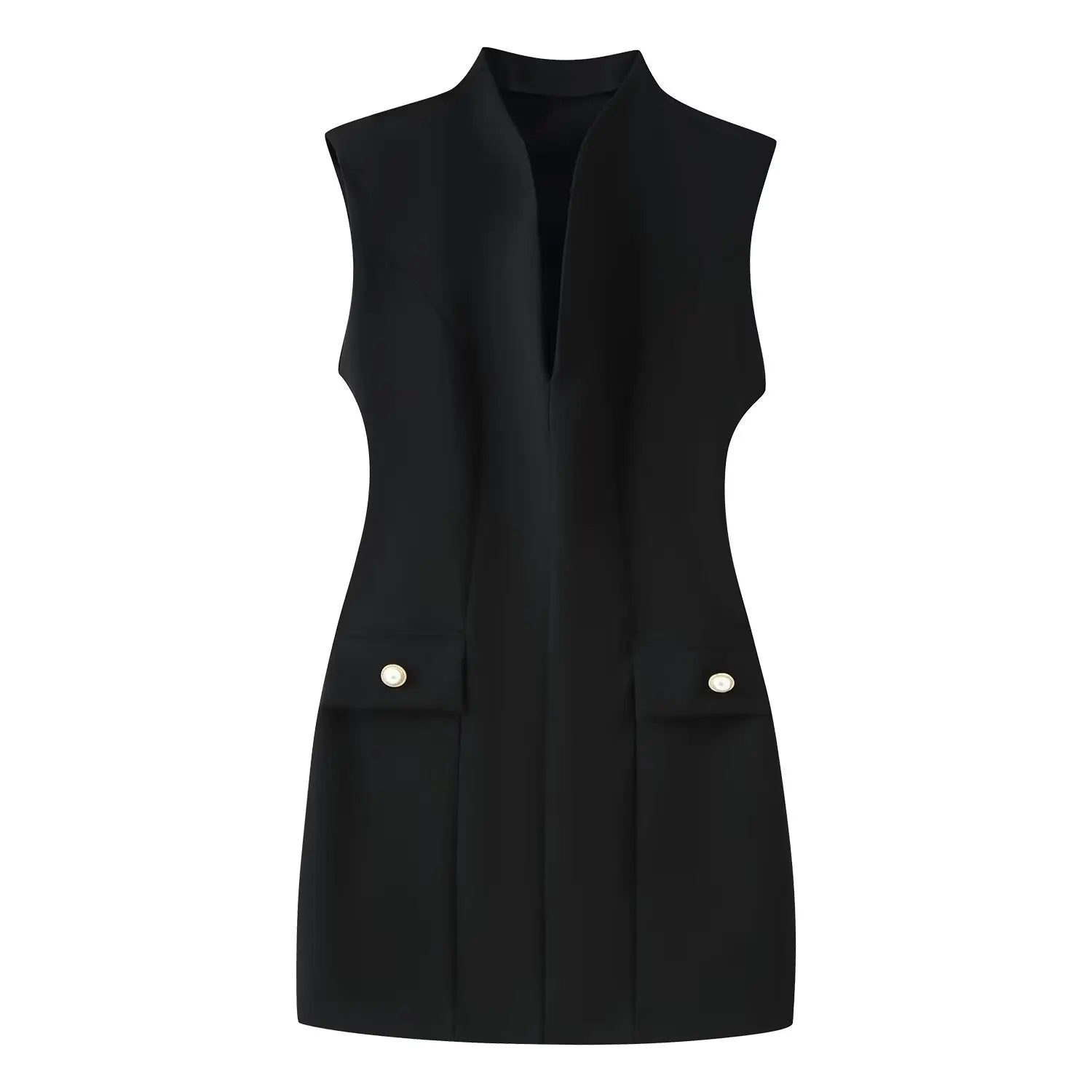Front view black sleeveless mini dress, stand split neck, faux pockets with pearl gold buttons