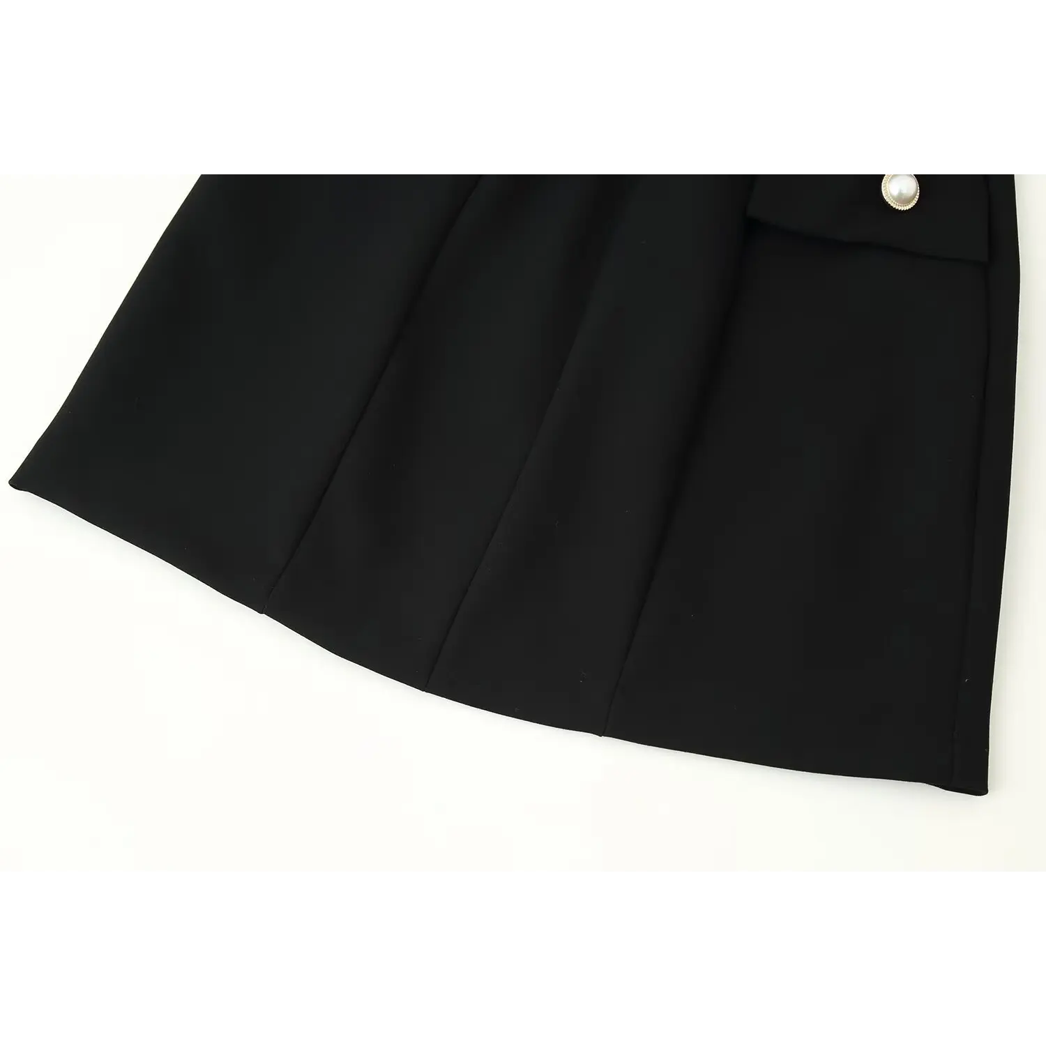 Flat partial view of skirt panel and pocket for black sleeveless mini dress