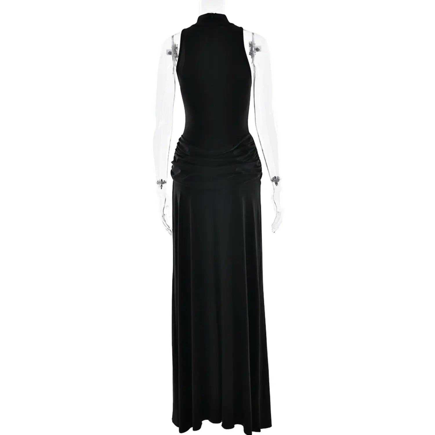 Mannequin back full shot black sleeveless turtleneck maxi dress rear zipper draped waist design