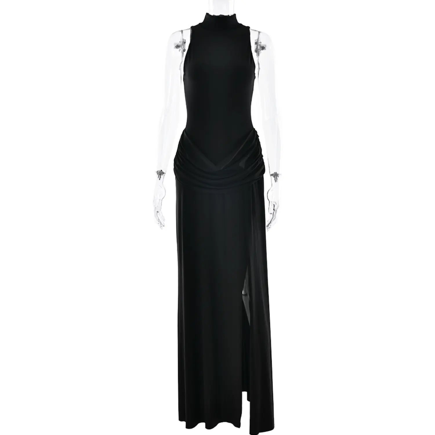 Mannequin front full shot black sleeveless turtleneck maxi dress draped waist high side slit