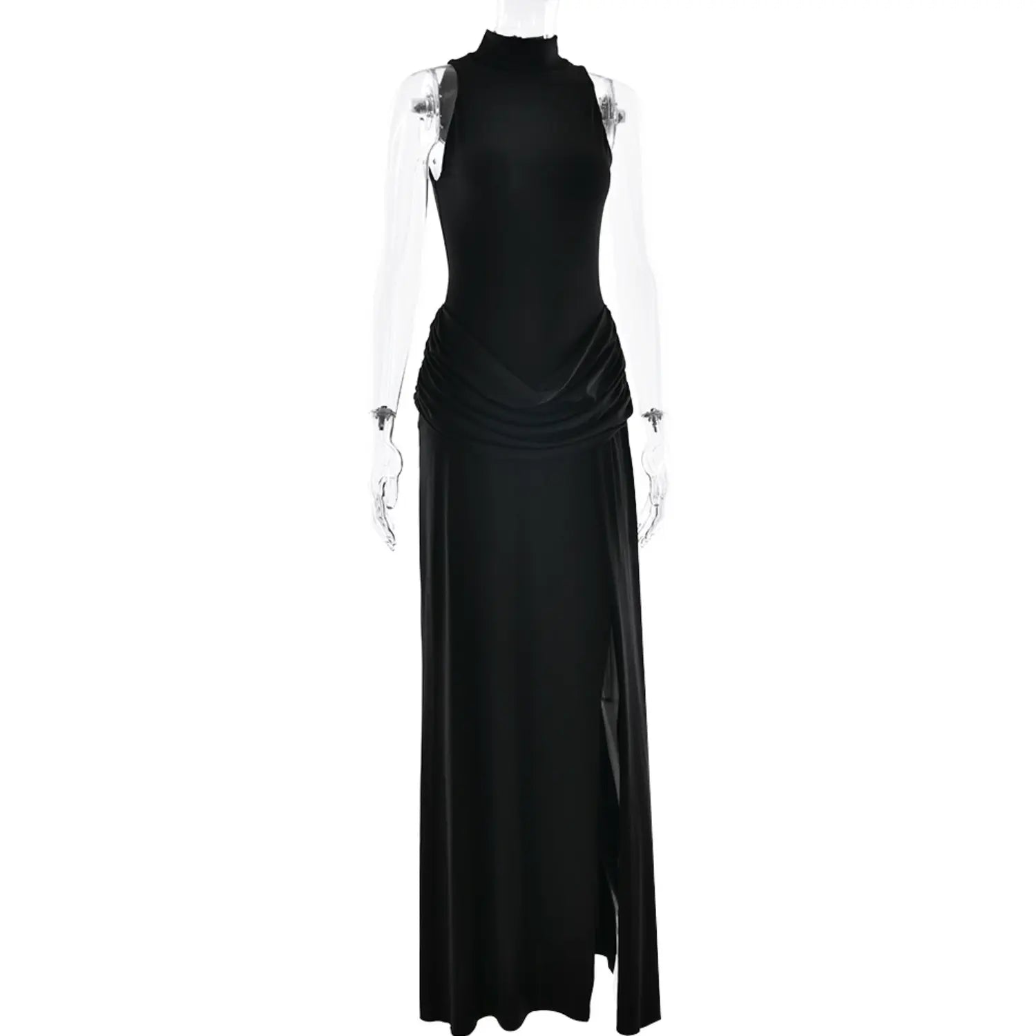 Mannequin side view black sleeveless turtleneck maxi dress draped waist high side slit long skirt