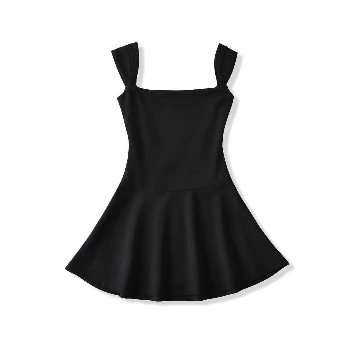 Front view of a black sleeveless fit-and-flare mini dress with a square neckline.