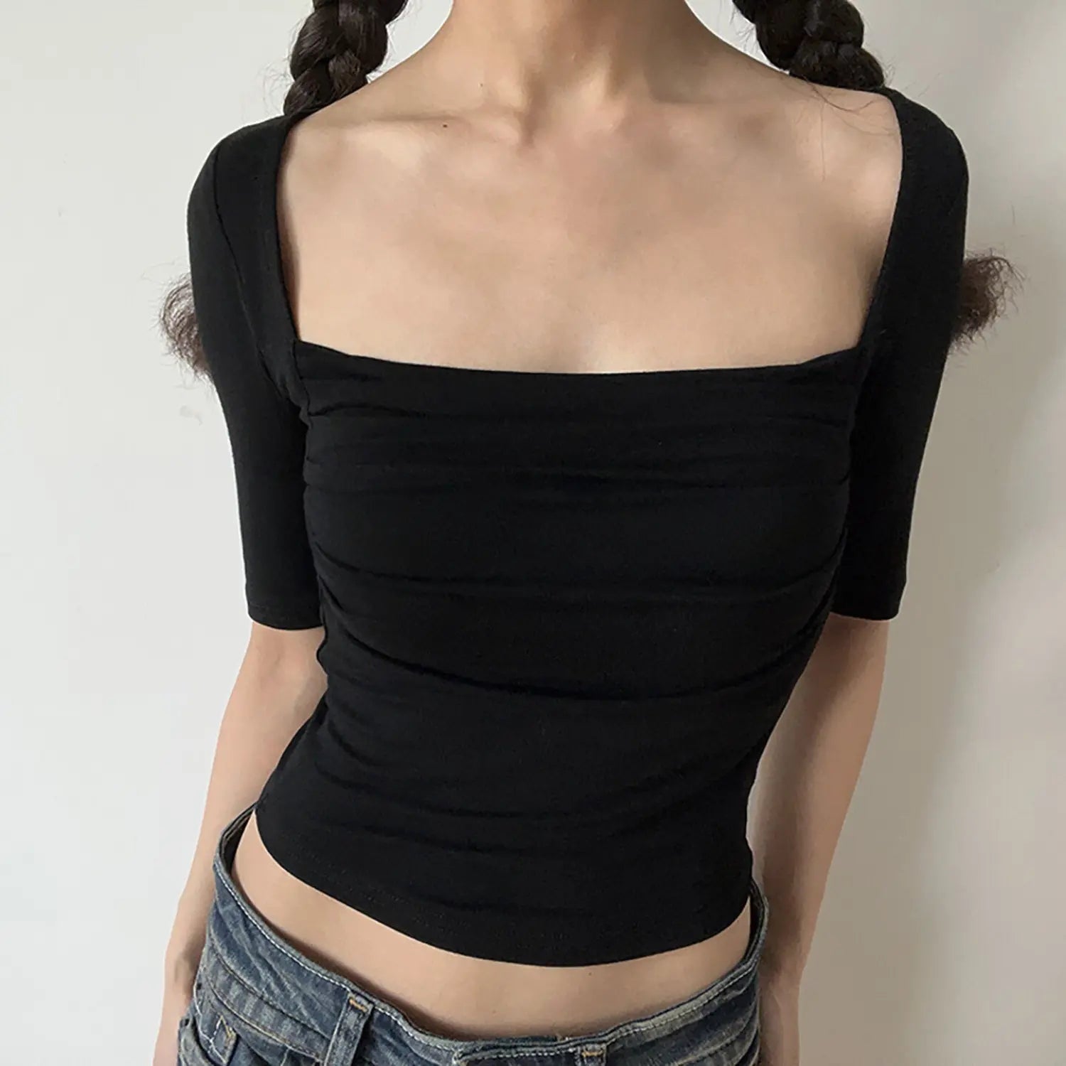 Black square neck wide strap crop top, front ruched bust midi short sleeve stretch slim fit women casual tee