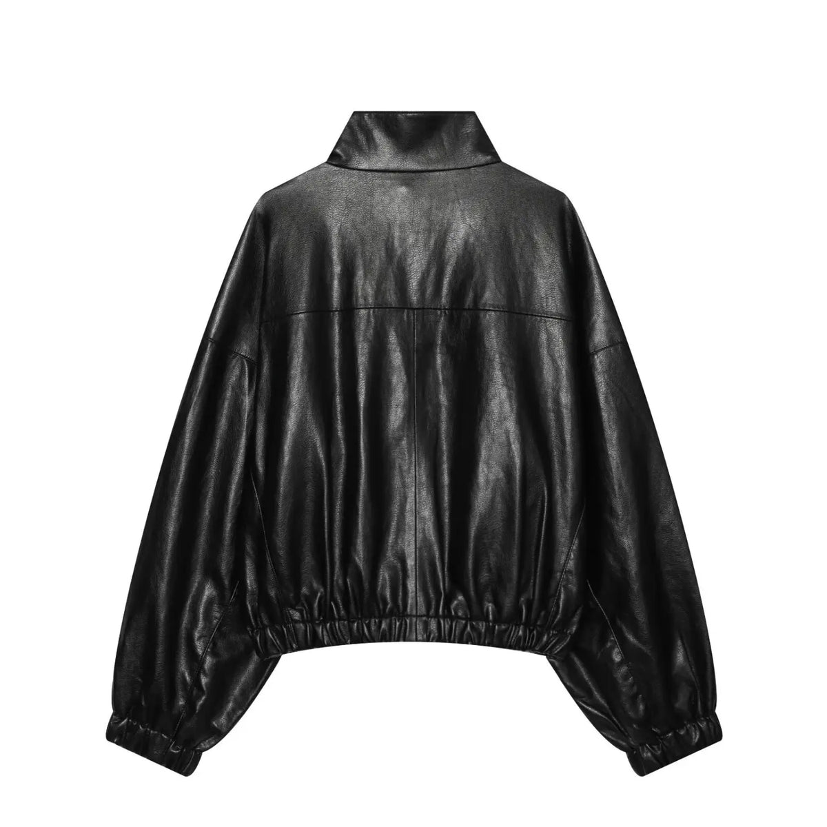 Back flat lay of black cropped PU jacket