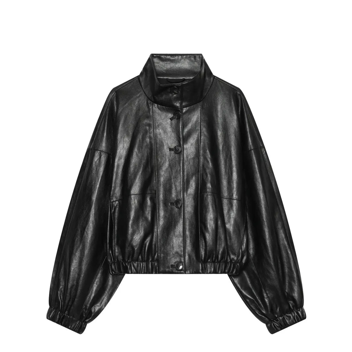 Front flat lay of black stand collar button front cropped PU jacket