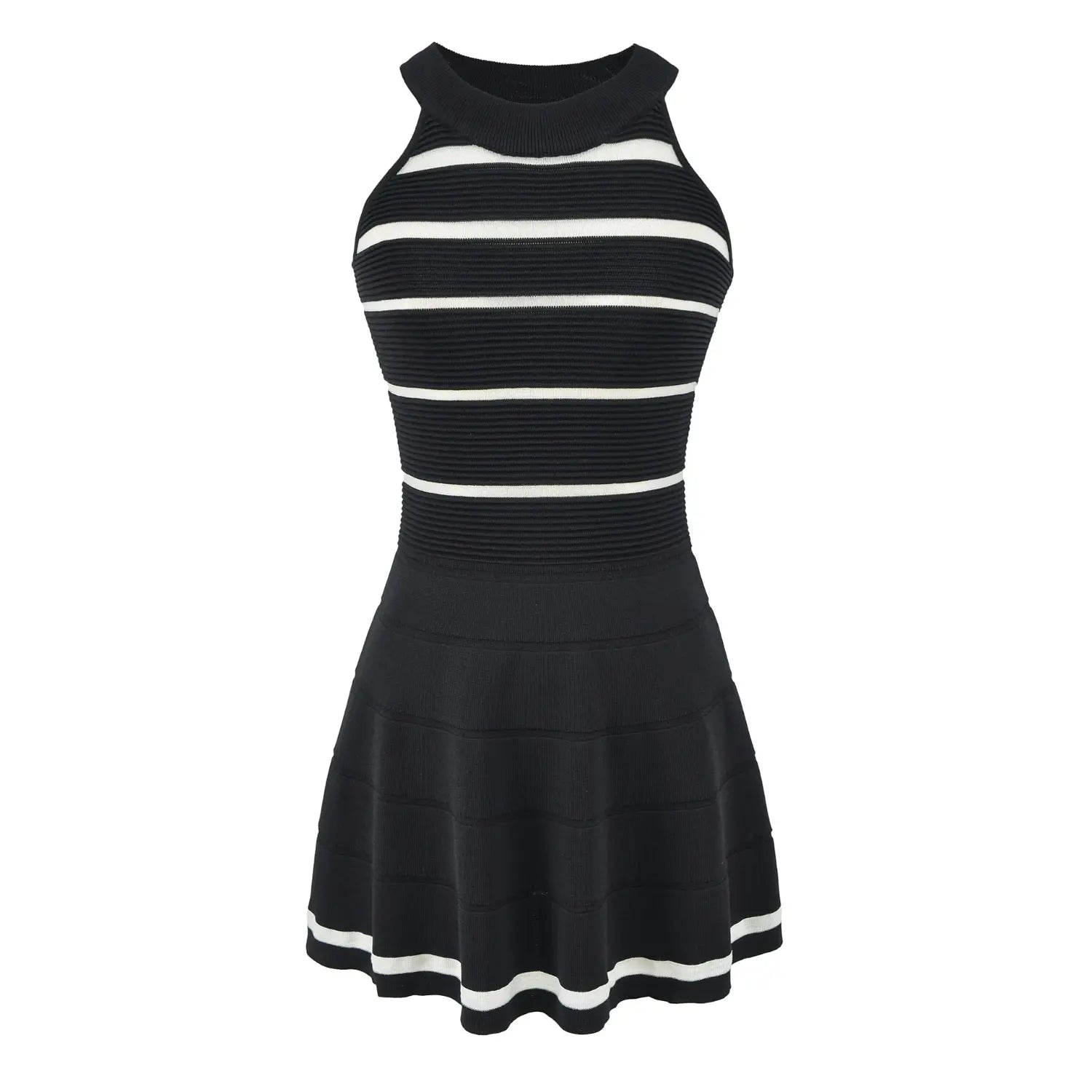 Black striped halter knit mini dress white flat front shot, high halter neck color block horizontal stripe rib knit waist-cinched A-line swing hem slim feminine knit dress hero image