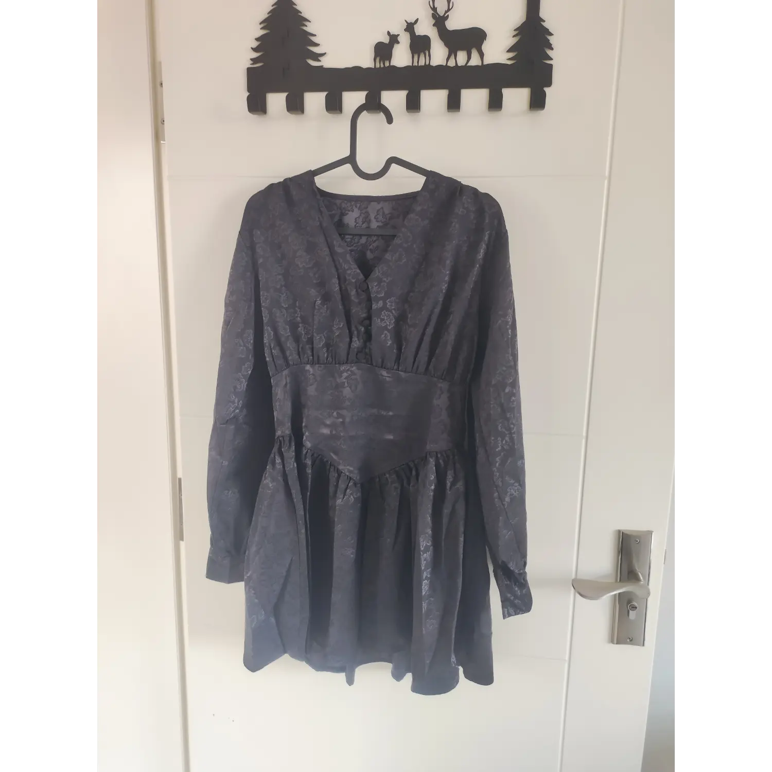 Hanging full view black tone-on-tone floral jacquard v neck long sleeve fitted waist mini dress | Detail