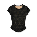 Front shot of the black textured lace top, showing the crew neck, short sleeves, and form-fitting silhouette.