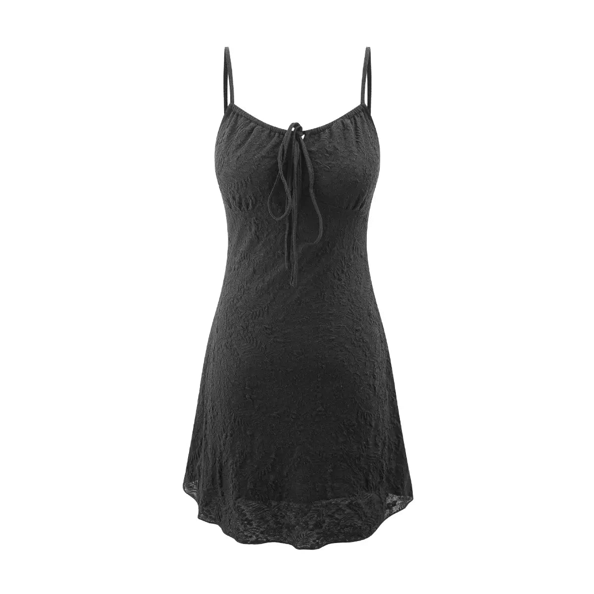 Full front view of the dress, showcasing the textured fabric, tie-front detail, and flared hem.